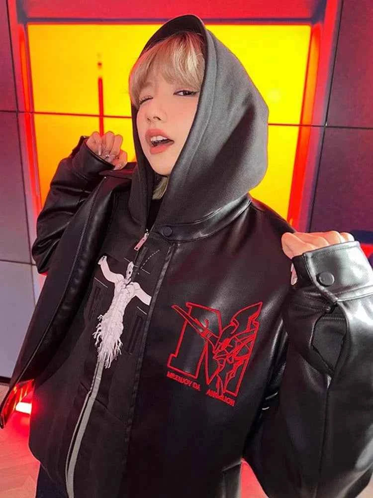 Y2K Stylish Gothic Retro Zipper Hooded Leather Jacket