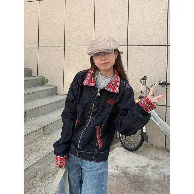 Women Retro Embroidered Plaid Denim Jacket