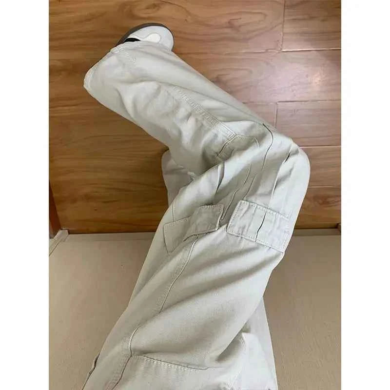 Cool Streetwear Beige High Waisted Cargo Jeans