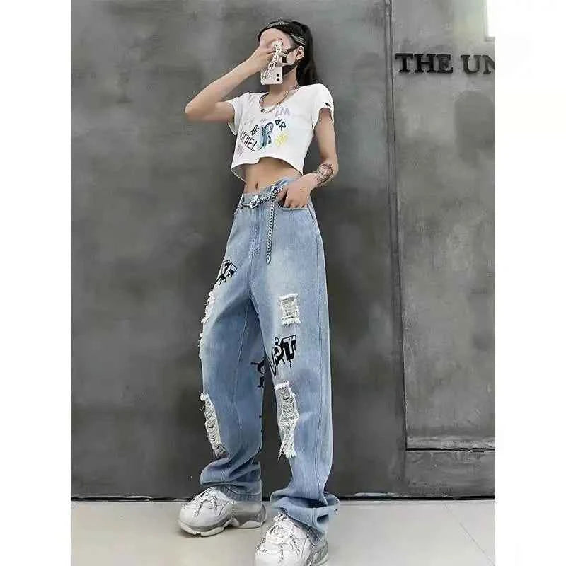 Women High Waist Graffiti Wide Leg Jeans