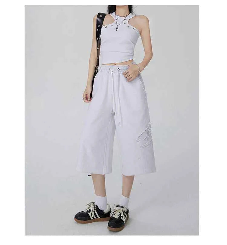 Women Y2K White Wide Leg Drawstring Jorts
