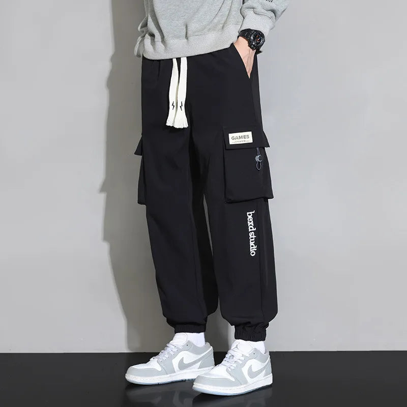 Plain Color Drawstring Knee Cargo Pocket Pants