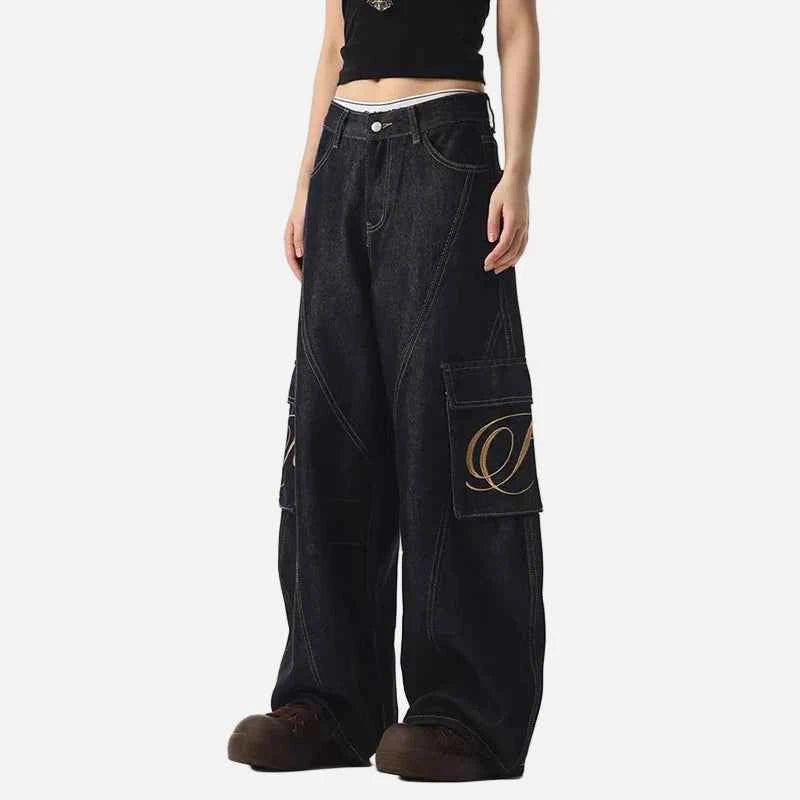 Streetwear Dark Blue Y2K Wash Wide Leg Cargo Jeans