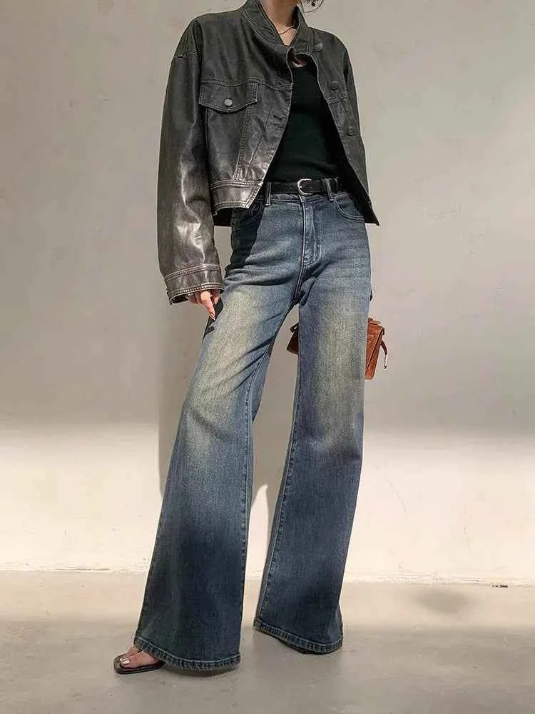 Women Retro Wide Leg Distressed Denim Jeans