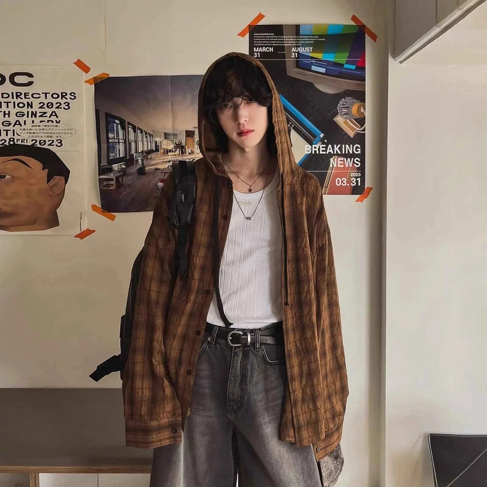 Plaid Vintage Casual Long Sleeve Hooded Shirt