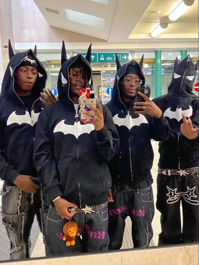 Y2K Oversized Embroidered Zip-Up Bat Man Hoodie