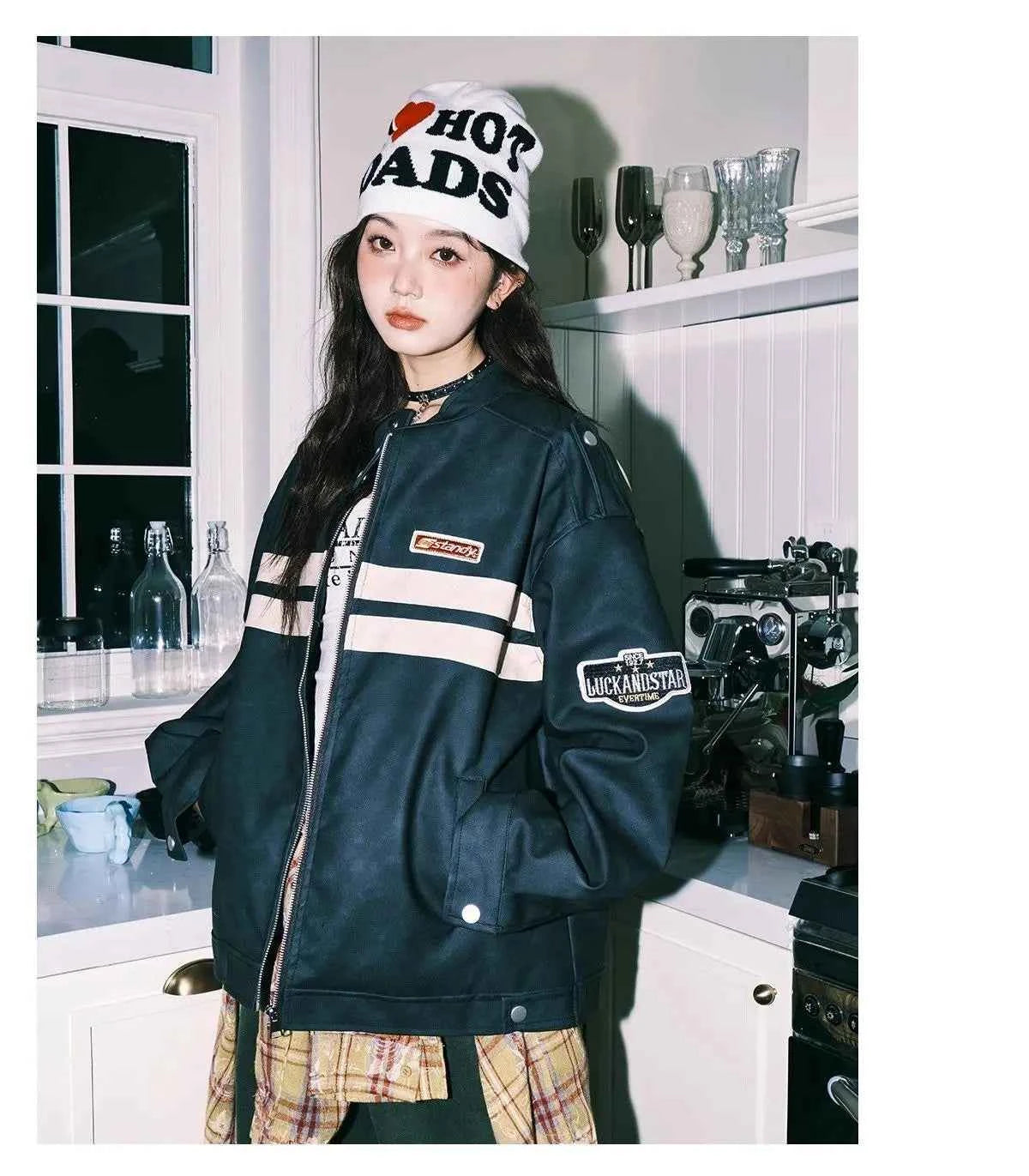 Streetwear Y2K Colorful Retro Striped Leather Jacket