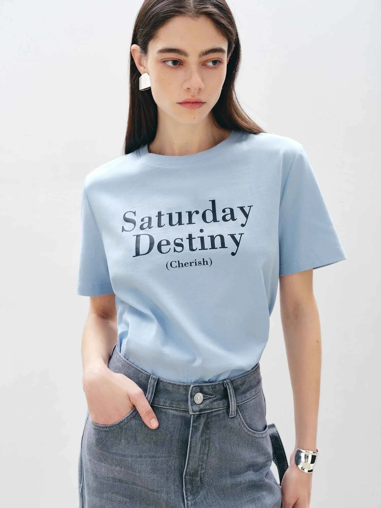 Women Cool Blue Printed Cotton Short-Sleeved T-Shirt
