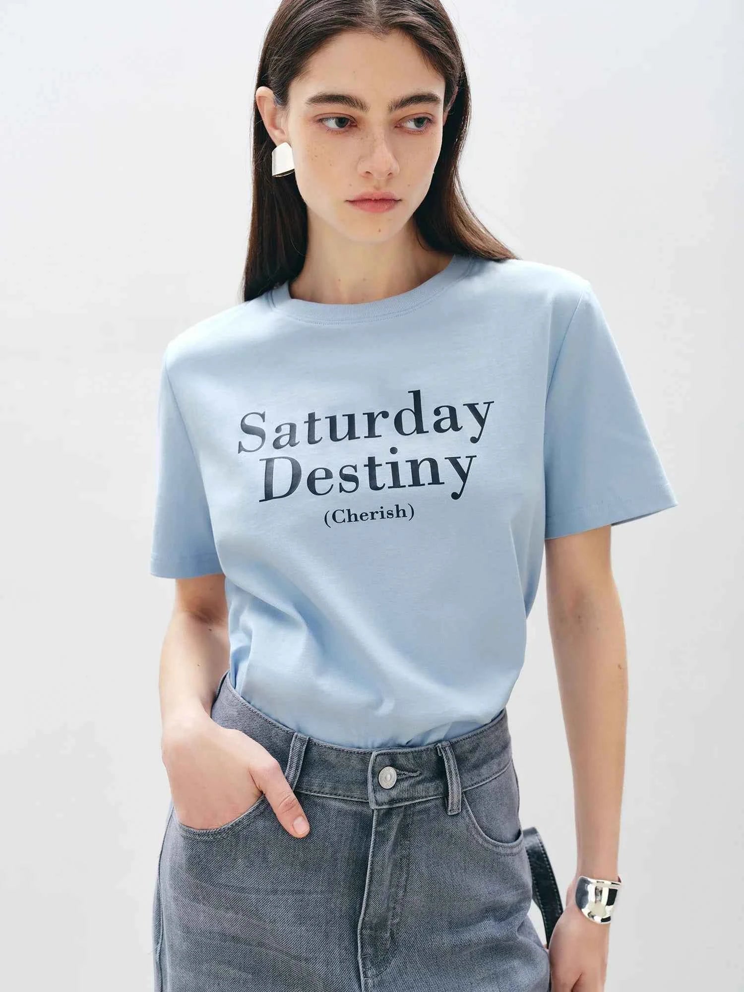 Women Cool Blue Printed Cotton Short-Sleeved T-Shirt