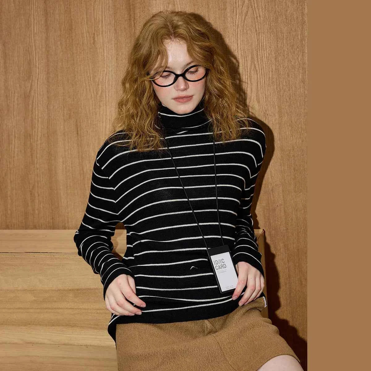 Vintage Stripe Knit High Neck Long Sleeve T-Shirt