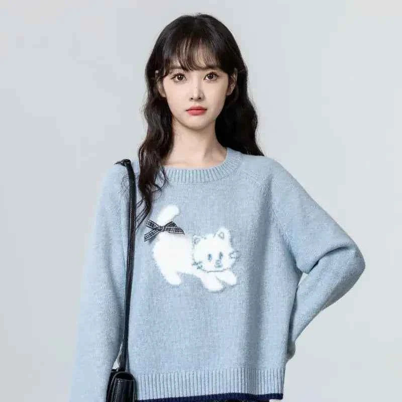 Women Retro Cute Blue Oversize Bow Sweater