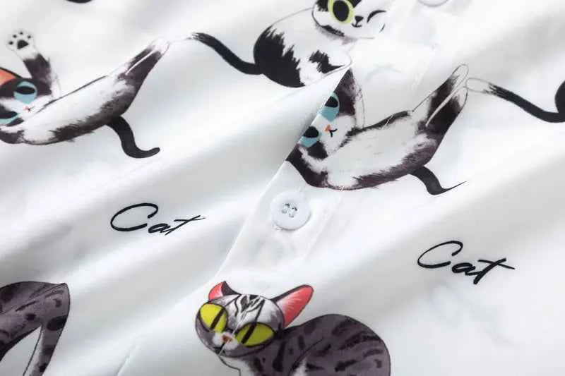 Y2K Funny Cat Graphic Lightweight Beach Shirt
