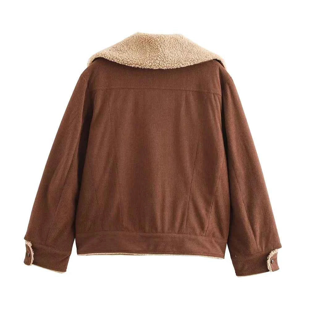 Women Solid Spliced Button Fur Jacket