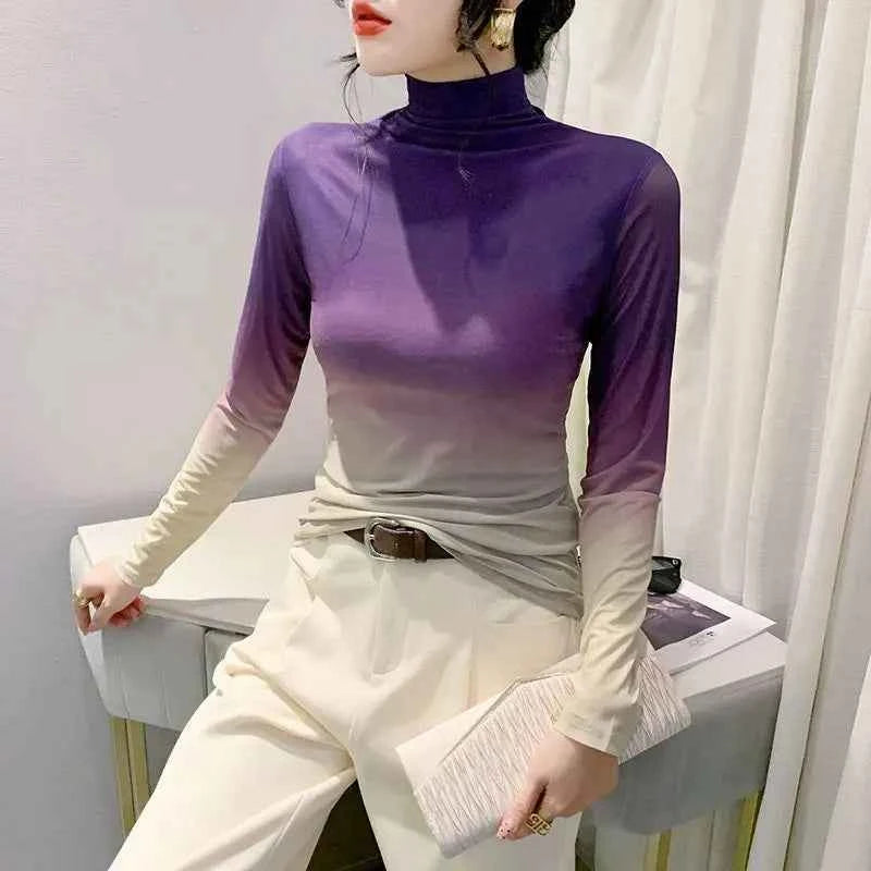 Chic Gradient Print Mesh Long T-Shirt