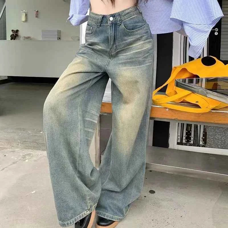 Chic Washed Button High-Waisted Jeans