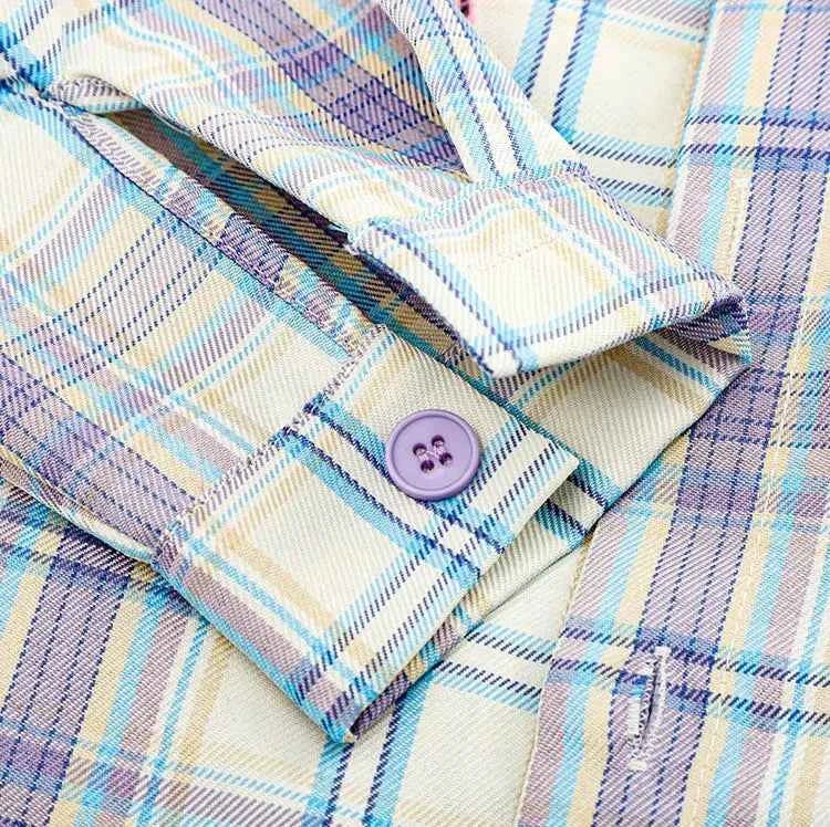 Plaid Embroidery Lapel Spring Fall Long Sleeve Shirt
