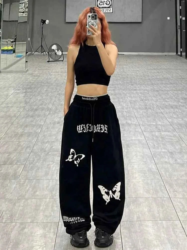 Pink Y2K Bufferfly Pattern Wide Leg Sweatpants