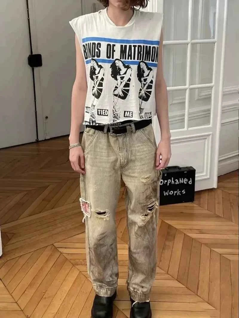 Streetwear Luxury Distressed Ripped Hole Straight Jeans
