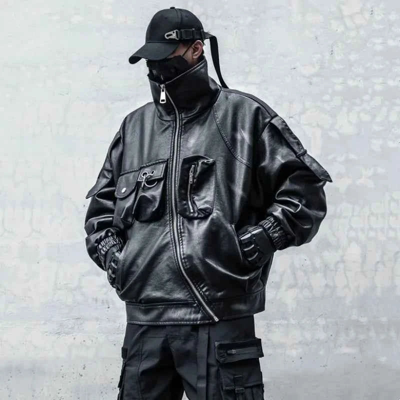 Patchwork Tactical Function PU Leather Jacket
