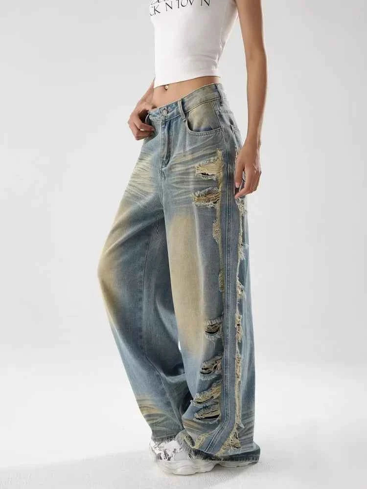 Vintage Distressed Blue Stacked Wide Jeans