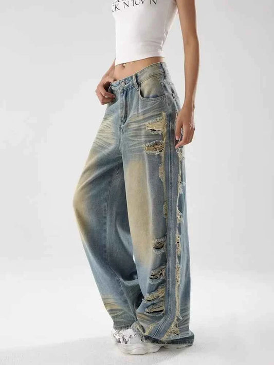 Vintage Distressed Blue Stacked Wide Jeans