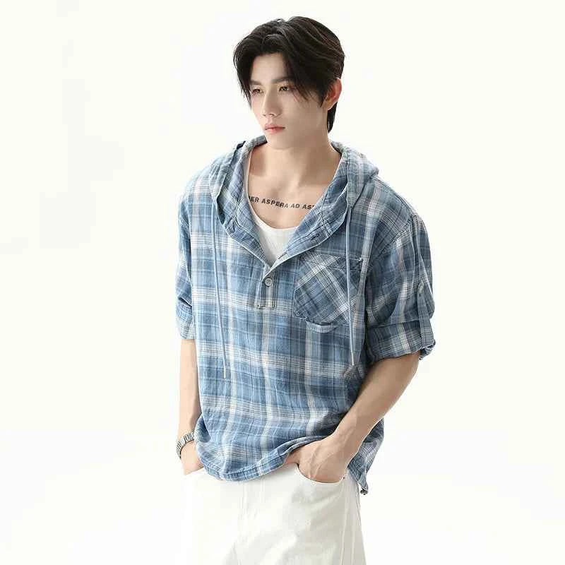 Streetwear Plaid Drawstring Hooded T-Shirt