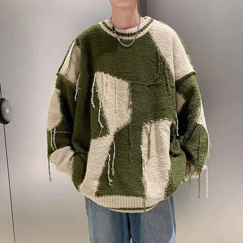Vintage Green Ripped Tassel Knitted Pullover Sweater
