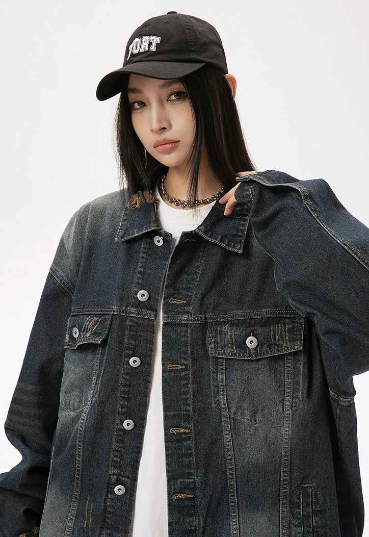 Damaged Neckline Loose Denim Jacket