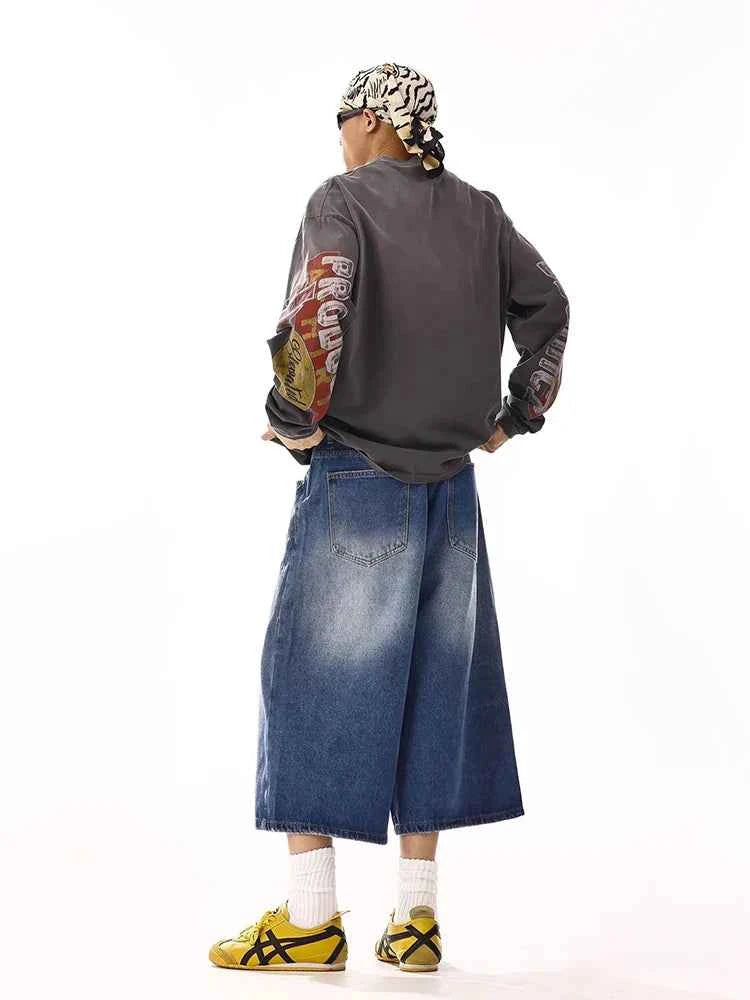 Vintage Blue Brushed Wide Leg Denim Jorts