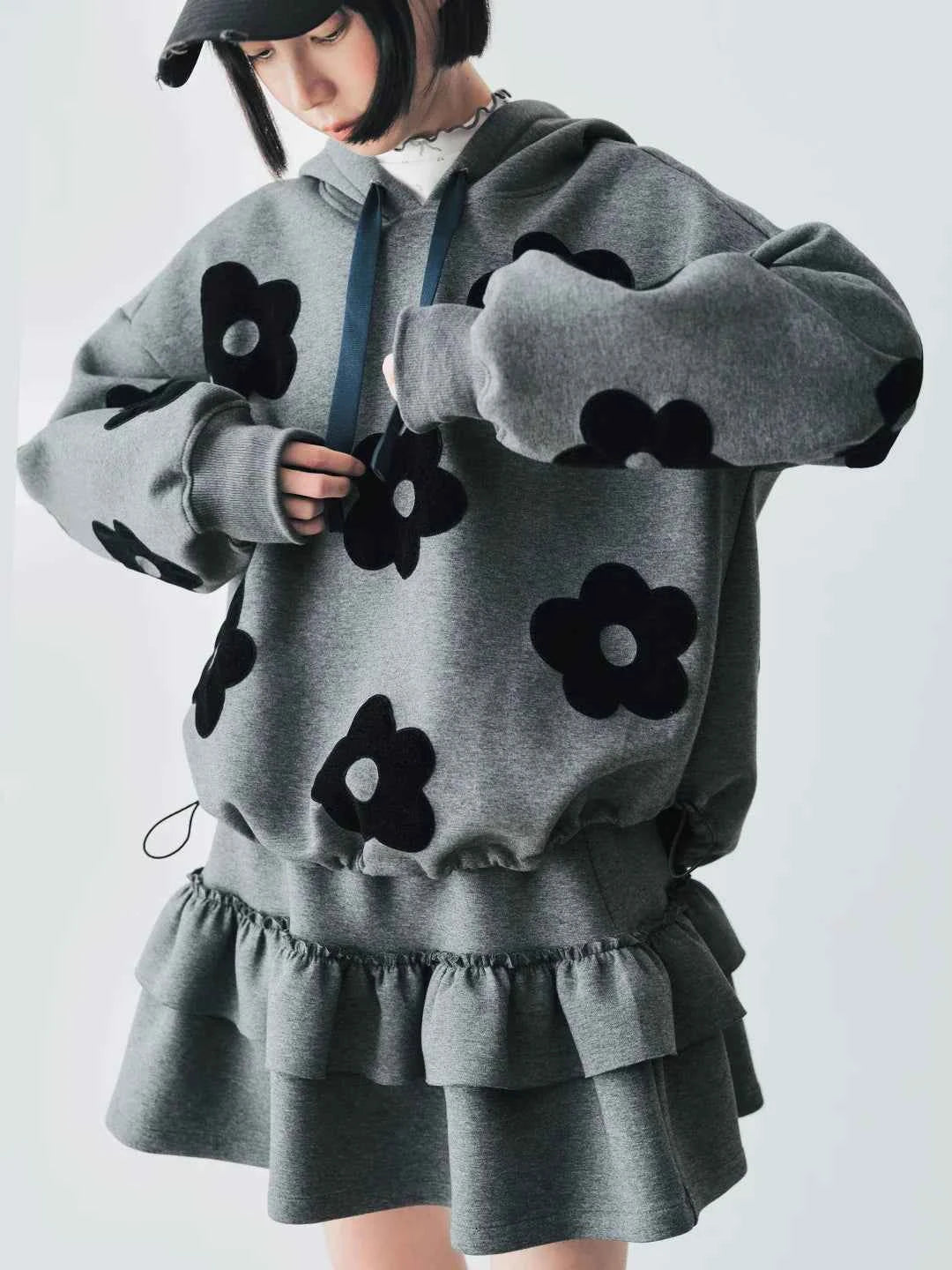 Autumn Gray Floral Patch Casual Hoodie
