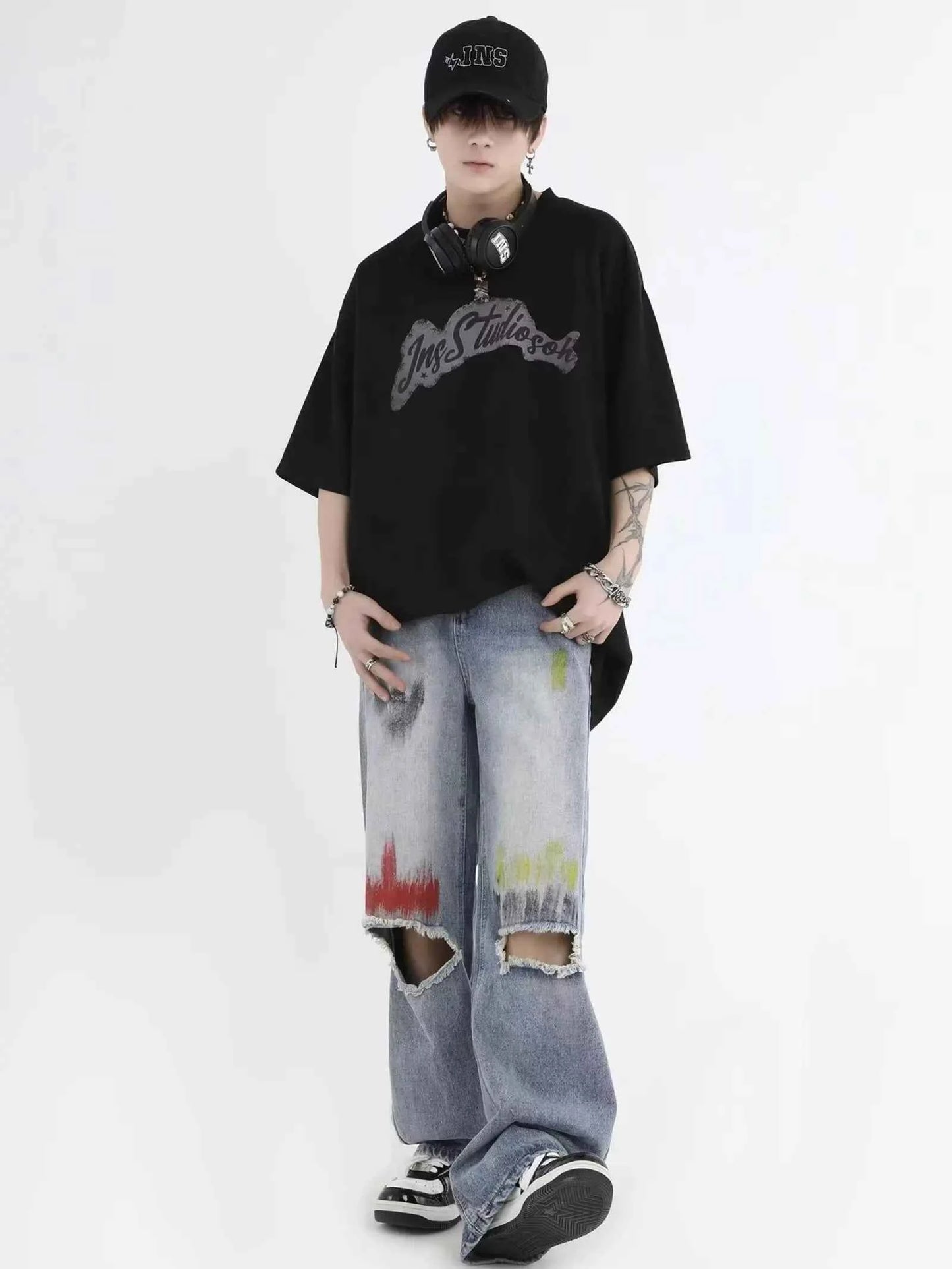 Trendy Blue Washed Ripped Straight Leg Jeans