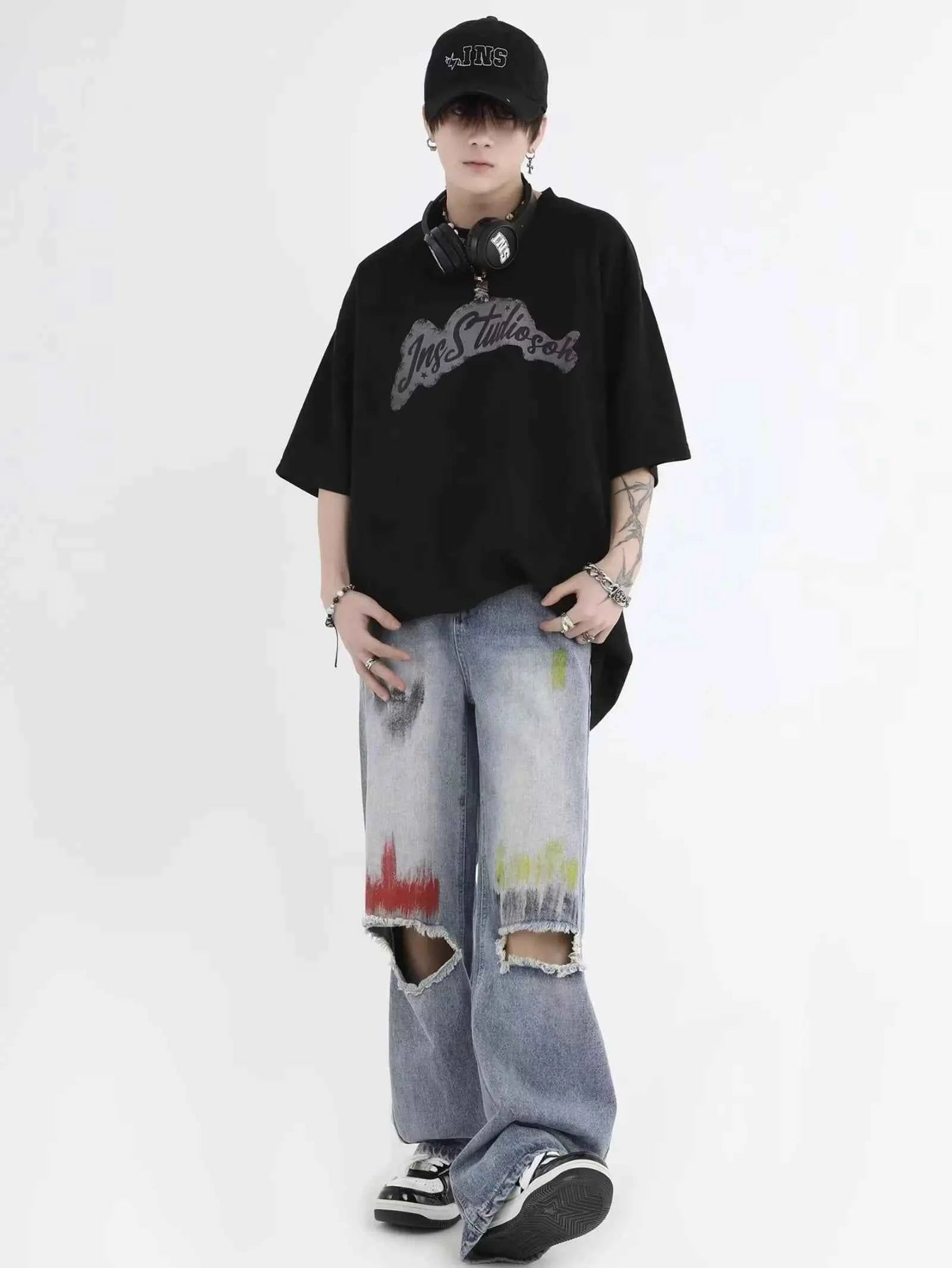 Trendy Blue Washed Ripped Straight Leg Jeans