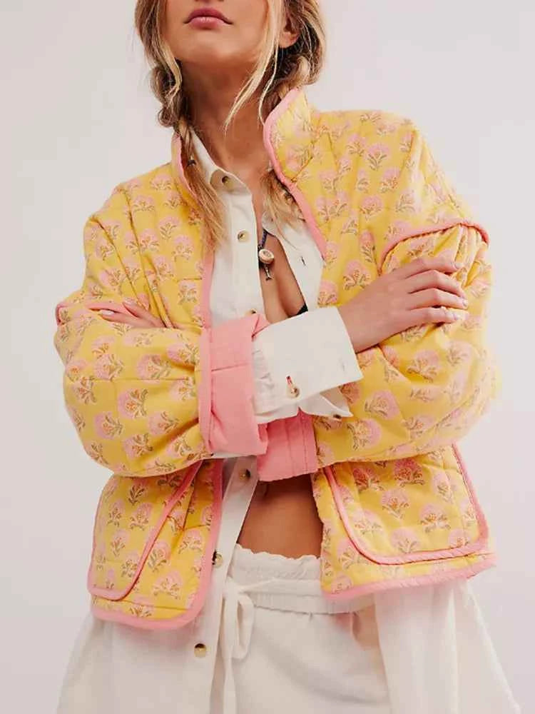 Women Retro Floral Yellow Padded Jacket