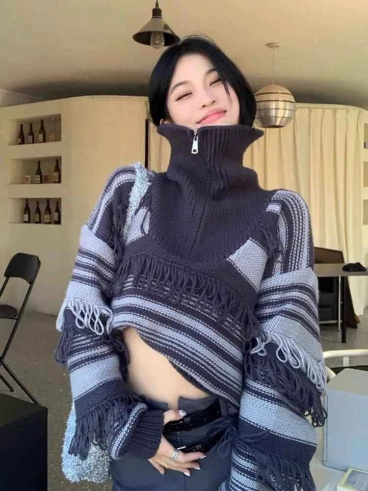 Autumn High-End Striped Fringe Sweater