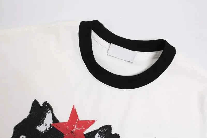 Perfect Fit Black Star Graphic Cat Print Cotton T-Shirt