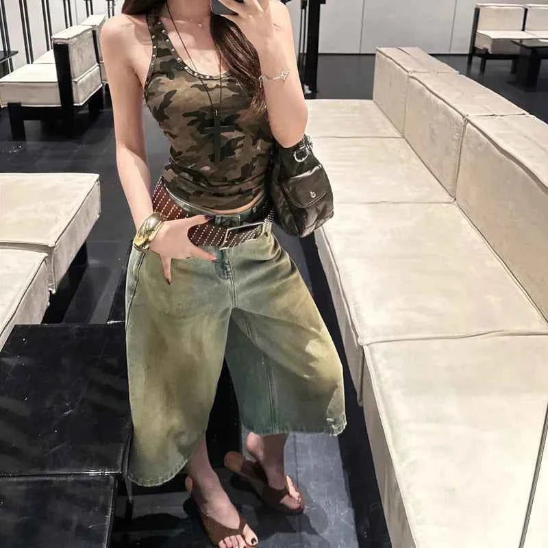 Retro Washed Denim High Waisted Denim Jorts