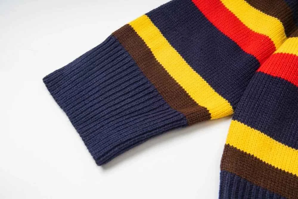 Embroidered Crew Neck Collar Contrast Paneled Striped Sweater