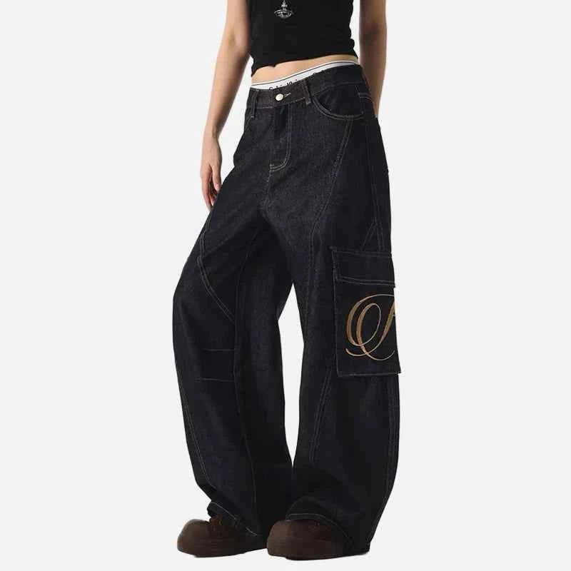 Streetwear Dark Blue Y2K Wash Wide Leg Cargo Jeans