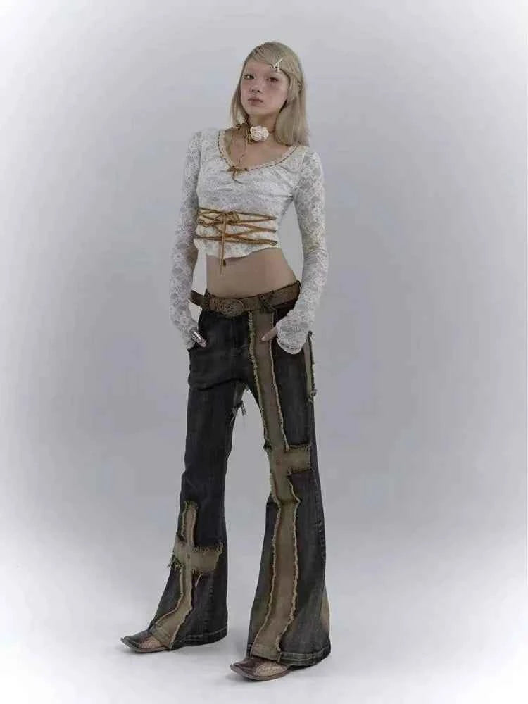 Gothing Patchwork Cross Design High Waist Jeans