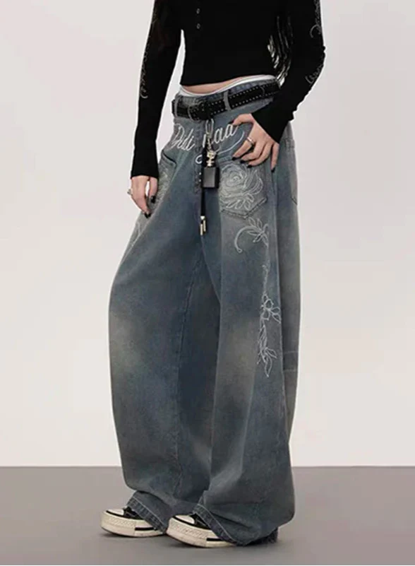 Flattering Y2K Japanese Baggy Blue Embroidered Jeans - Luxuryurbanwear