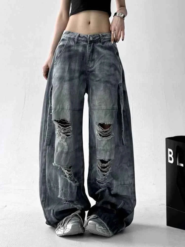 Cyber Grunge Washed White Baggy Jeans