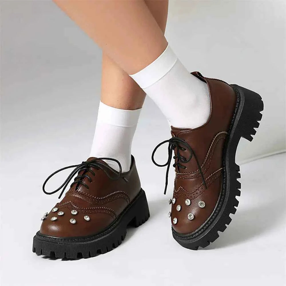Vintage Rhinestone Brogue Lace-Up Chunky Heels Shoes