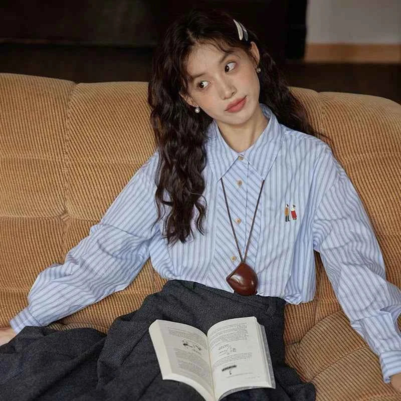 Women Classic Chic Vintage Striped Embroidered Shirt