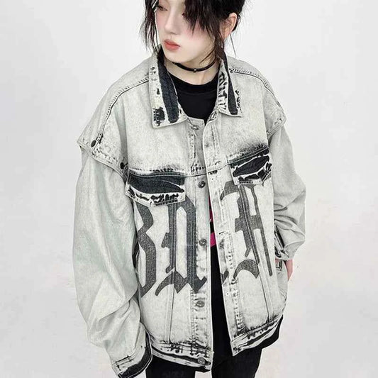 Washed Gray Oversize Letter Work Denim Jacket