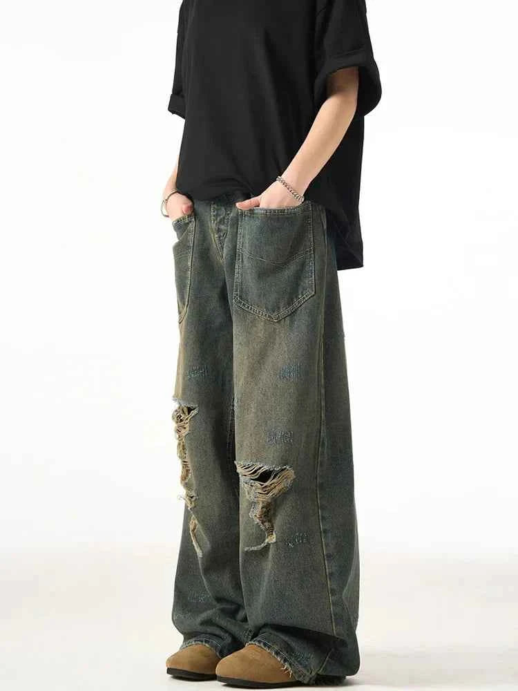 Retro American Ripped Distressed Wide Jeans