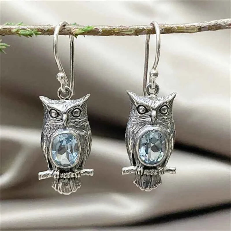 Inlaid Sea Blue Stone Vintage Owl Earring