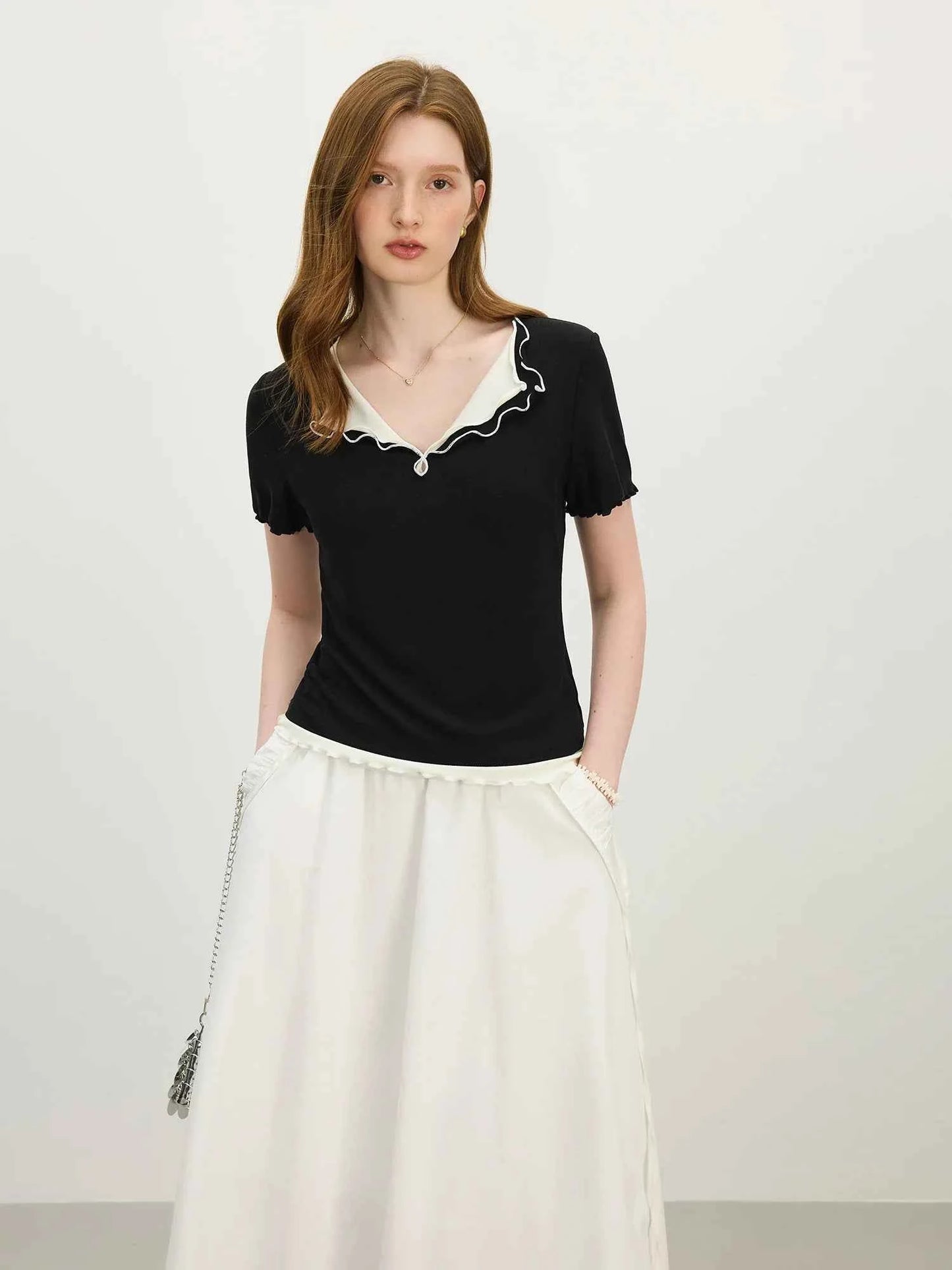Layered Knit Lapel Short Sleeve T-Shirt