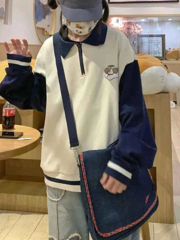 Vintage Patchwork Japanese Dog Embroidered Sweatshirt