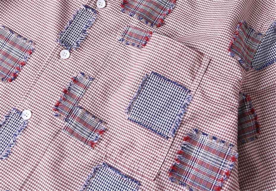 Sweet Oversized Effortless Plaid Patch Cotton Shirt