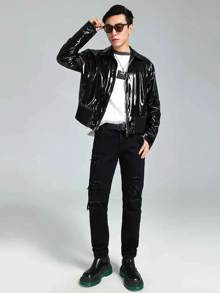 Black Shiny Reflective Patent PU Leather Jacket